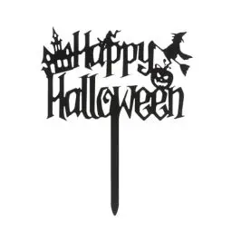Produktbild: dekora - Happy Halloween Cake Topper mit Hexe und Kürbis, 10x11 cm, Schwarze Tortendekoration aus Kunststoff, Ideal für Muffins, Cupcakes, Kekse & Kindergeburtstage, Halloween Party Deko