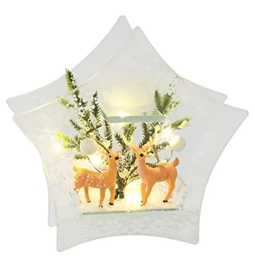 Produktbild: Dekorierter Teelichthalter aus Glas mit Hirsch Tannenzweige LED Licht Lampe Kerzenhalter Weihnachtsdeko Stabkerze Dekoration Weihnachten Glas Tischdekoration Geschenke Dekoobjekt Ornamente 3D Bild