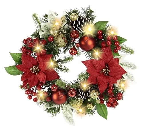 Produktbild: Dekorierter Weihnachtskranz mit Poinsettia Beeren Zapfen Tanne Zweige Christbaumkugeln mit LED-Licht Kranz Christstern Weihnachtsstern Adventskranz Türkranz Tannenkranz Blumenkranz Weihnachtsblume