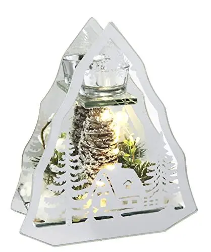 Produktbild: Flair Flower Dekoriertes Deko-Objekt aus Glas mit Tannenzweigen Tannenbaum und LED Licht Lampe Kerzenhalter Stimmungslicht Weihnachtsdeko Dekoration 3D Bild 20x14x6cm