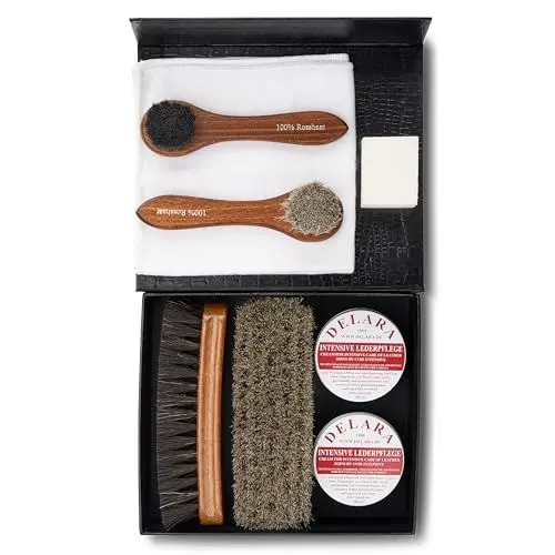 Produktbild: DELARA 8-teiliges, exklusives Schuhputzset mit Intensiver Lederpflege in zwei Farben in schwarzer Box mit Goldprägung