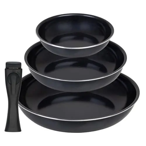 Produktbild: Deleca 3-teilig Japandi Pfannenset - Ø 20/24/28 cm - PTFE-, PFAS- und PFOA-frei - Mit Abnehmbarer Griff - Profi Pfanne Induktion - Antihaft Beschichtete Bratpfannen - Cooking Pan - Schwarz