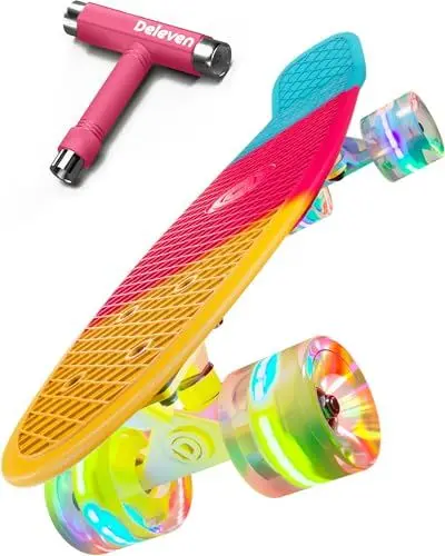 Produktbild: Deleven Skateboard mit LED Rollen, Skate Tool und ABEC 7 Lager - Kinder Erwachsene Anfänger - 56 cm