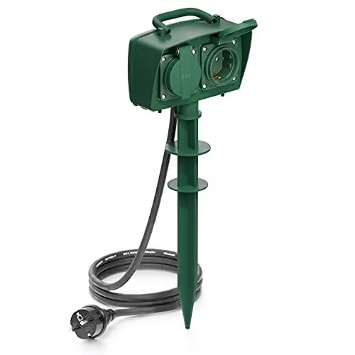 Produktbild: deleyCON 2 Fach Outdoor Steckdose mit Erdspieß Stromverteiler Außenbereich 2X Schutzkontakt Buchse Kindersicherung IP44 Spritzwassergeschützt Witterungsbeständig Garten Terrasse Beet 5m Kabel