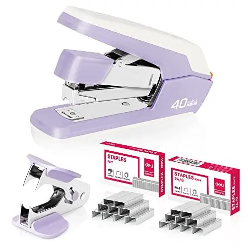 Produktbild: Deli Effortless Desktop Hefter, Heavy Duty Hefter, 40-50 Blatt Kapazität, Ein Finger, Kein Aufwand, Inklusive Heftklammern & Klammerentferner, Violett
