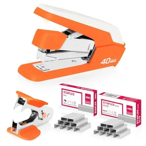 Produktbild: Deli Müheloses Schreibtischheftgerät, robustes Heftgerät, 40 Blatt Kapazität, ein Finger, kein Aufwand, inklusive Heftklammern & Heftklammerentferner, Orange
