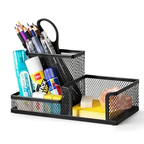 Produktbild: deli Schreibtisch Organizer aus Drahtmetall, Multifunktionale Organisation mit Stifthalter und Aufbewahrungskörben, für Zuhause und Büro, 3 Fächer, Schwarz