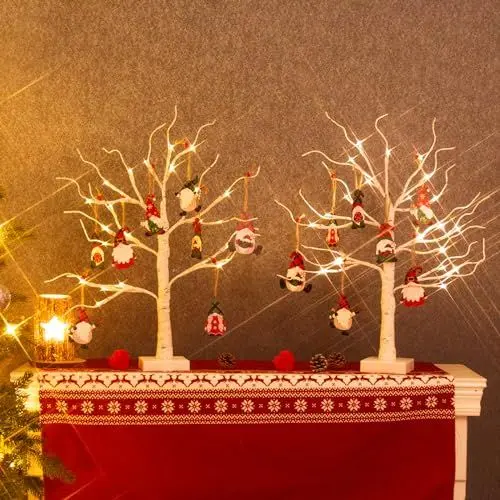 Produktbild: DELICHTER 2er Set Lichterbaum für Innen 24 Warmweiß LEDs Bäumchen Birken, 16er weihnachtswichtel Holz Deko Hänger Weihnachtsbaumschmuck Figuren, amerikanisches Kinder Tischdeko