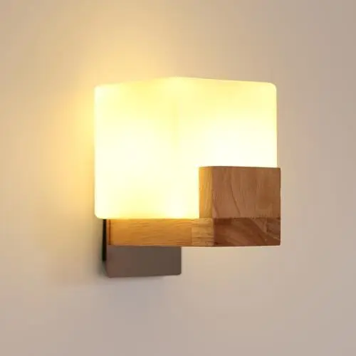 Produktbild: DELIPOP Holz Wandleuchte Innen, G9 Vintage Wandlampe Innen mit Glas Lampenschirm, 3000k/4500K/6500K drei Farben dimmbar, Moderne Wandbeleuchtung für Treppenhaus Wohnzimmer Schlafzimmer Flur, Quadrat
