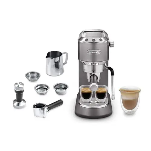 Produktbild: De'Longhi Dedica Arte EC 885.​GY, Espresso Siebträgermaschine, Espressomaschine mit MyLatterArt Milchschaumdüse, kompaktes Design, 15 cm breit, 1 Liter Wassertank, E.S.E Pads geeignet, Grau