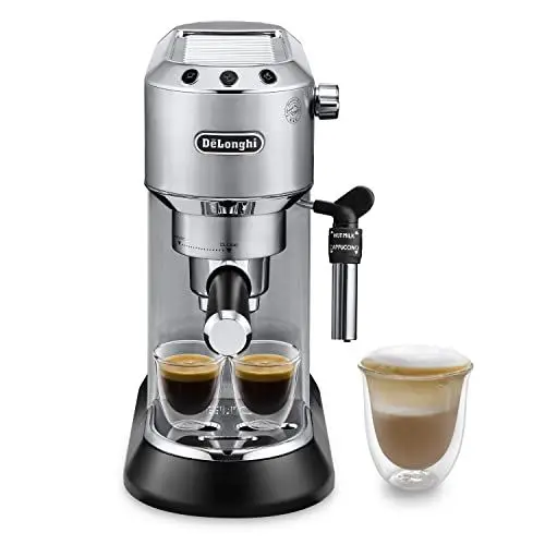Produktbild: De'Longhi Dedica Style EC 685.M – Espresso Siebträgermaschine, Espressomaschine mit professionellem Milchaufschäumer, nur 15 cm breit, für Kaffeepulver oder ESE Pads, 1 l Wassertank, silber