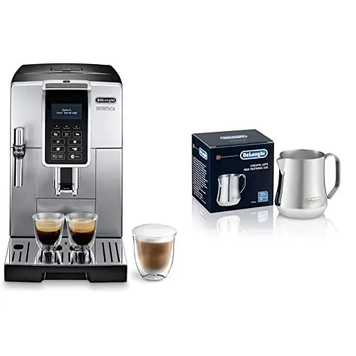 Produktbild: De'Longhi Dinamica ECAM 350.35.SB Kaffeevollautomat mit Profi-Milchaufschäumdüse, Klartext Digitaldisplay, 2-Tassen-Funktion, Silber & Milchkännchen DLSC060, 350 ml, Edelstahl