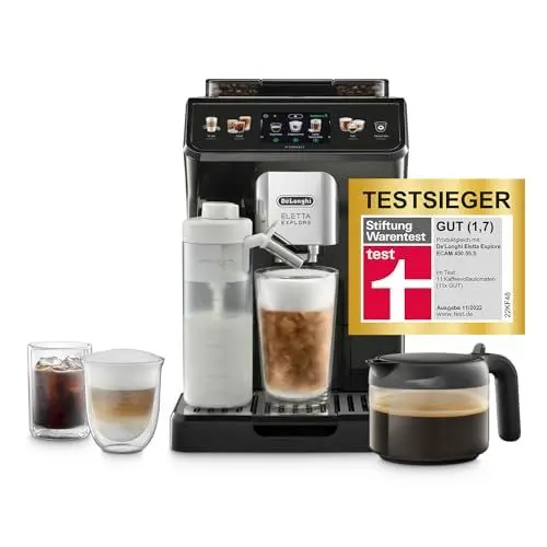 Produktbild: De'Longhi Eletta Explore ECAM452.57.G Kaffeevollautomat mit LatteCrema Milchsystem, heiße und kalte Getränke auf Knopfdruck, 3,5 Zoll TFT Touchscreen Farbdisplay, Kaffeekannen inklusive, schwarz