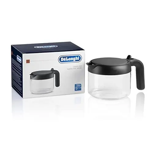 Produktbild: De'Longhi Kaffeekanne DLSC021, Glaskaraffe mit klappbarem Kunststoffdeckel, Zubehör für Kaffeevollautomaten mit Kannenfunktion, Fassungsvermögen 750 ml für bis zu 6 Tassen, spülmaschinenfest, Schwarz