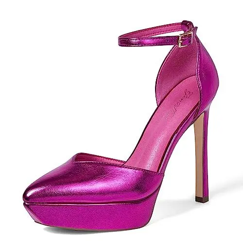 Produktbild: DELONIX REGIA Damen-Pumps High Heels 13 cm mit Plateau Knöchelriemen Partyschuhe Sandalen Stelzenläufer verstellbare Schnalle, metallisches Lila, 38 EU