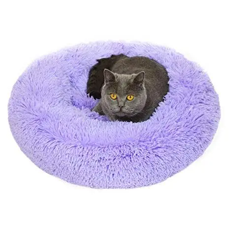 Produktbild: Deluxe Haustier Bett Plüsch Weich Runden Katze Schlafen Bett,Tierbett Katzensofa Haustier Katzenbett -Flauschig Haustierbett für Katzen und kleine Welpen mittlere Hunde-violett-M-70 x 70 x 20 cm.