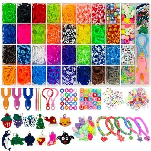 Produktbild: Delycazy 2200+ Loom Bänder Set, Loom Bänder Armbänder Selber Machen Armband Set mit Perlen, Anhänger, Charms, S-Clips und Häkelnadeln, Geschenk für Junge Mädchen