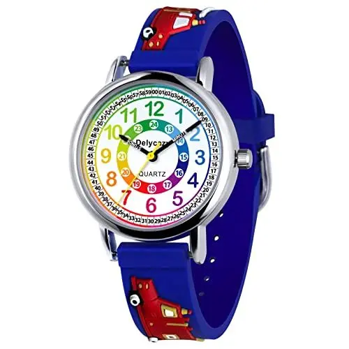Produktbild: Delycazy Kinderuhr Mädchen Junge, Kinder Armbanduhr lernuhr Analoge kinderuhr Lern Armbanduhr mit Zeitlernübungen, Hochwertigem Quarzwerk Dunkelblau