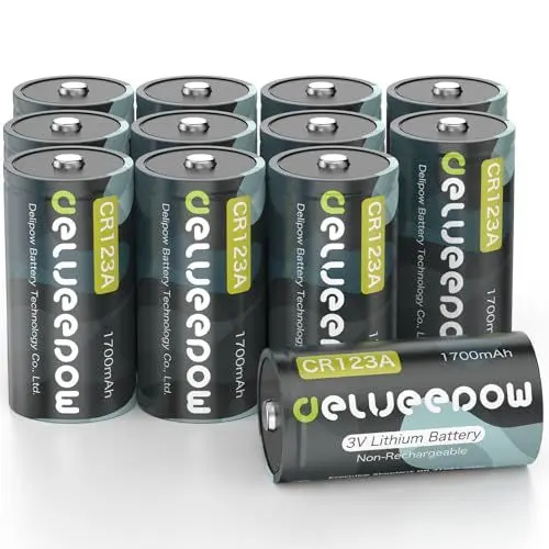 Produktbild: Delyeepow CR123A 3V Lithium-Batterien 12 Stück, 1700mAh 3 Volt 123 C123 Batterie mit Foto 123A Einwegbatterien 3 Volt Lithium Batterie für Kamerablitz, Taschenlampe, Alarmsysteme, Spielzeug
