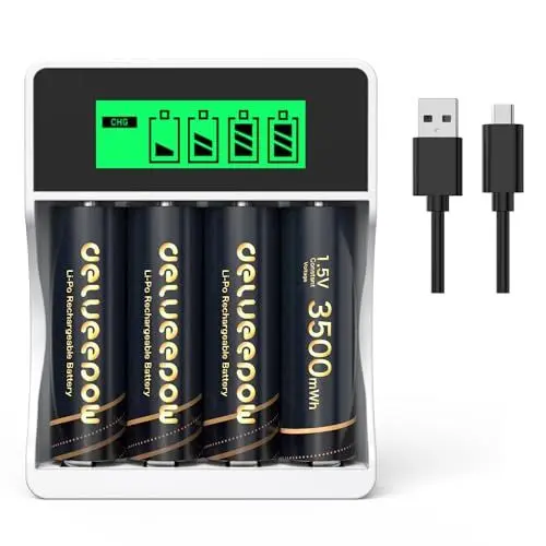 Produktbild: Delyeepow Wiederaufladbare AA Akku Lithium 1.5V 3500mWh mit Ladegerät, 1500 Zyklen Wiederaufladbare Lithium AA Batterien 4 Stück, 2 Stunden Schnellladung