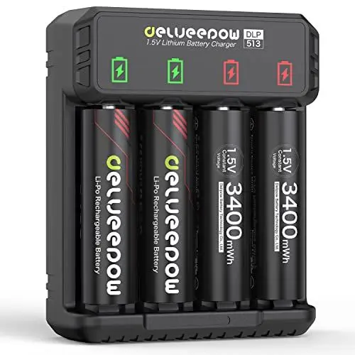 Produktbild: Delyeepow Wiederaufladbare AA Batterien 1.5V Lithium 3400mWh, AA Akku 4 Stück mit Ladegerät 1500 Zyklen
