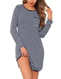 Produktbild: Demegimi Damen Nachthemd Langarm Baumwolle Schlafshirt Winter Rundhals Nachtwäsche Streifen Nachtkleid für Frauen