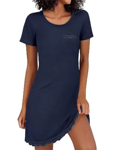 Produktbild: Demegimi Damen Nachthemd Schlafshirt Baumwolle Kurz Sleepshirt Kurzarm Nachtkleid Spitze V-Ausschnitt Nachtwäsche Sexy Negligee