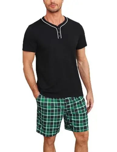 Produktbild: Demegimi Herren Schlafanzug Kurz Rundhals Baumwolle Pyjama Set mit T-Shirt und Karierten Shorts,Schwarz,XL