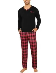 Produktbild: Demegimi Herren Schlafanzug Lang Pyjama Kariert Baumwolle V-Auschnitt Zweiteilige Pyjamas mit Langarm Shirt und Karierter Schlafanzughose,Schwarz,XL