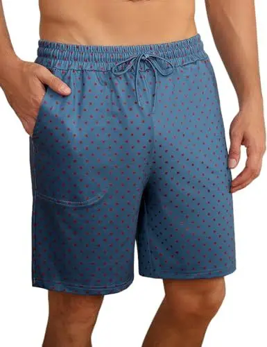 Produktbild: Demegimi Kurze Schlafanzughose Herren Schlafhose Sommer Pyjamahose Baumwolle Schlafshorts Pyjama Bottom Freizeithose Weit Loungewear mit Taschen Himmelblau