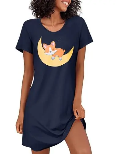 Produktbild: Demegimi Nachthemd Damen Kurzarm Schlafshirt Kurz Sommer Nachtwäsche Lustig Sleepshirt mit Corgi Hunde Motivdruck S-3XL
