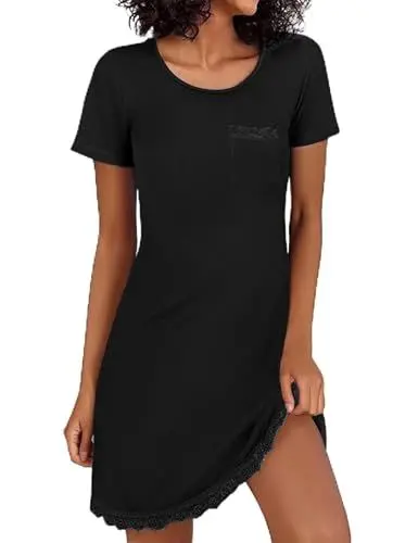 Produktbild: Demegimi Nachthemd Damen Schlafshirt Baumwolle Sexy Spitze Negligee Sleepshirt Kurzarm Nachtkleid V-Ausschnitt Nachtwäsche