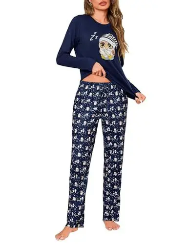 Produktbild: Demegimi Pyjama Damen Lang aus Baumwolle Zweiteiliger Schlafanzug Damen Langarm mit Print Kuschelige Nachtwäsche für den Winter,Blau,L