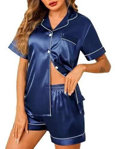 Produktbild: Demegimi Satin Schlafanzug Damen Kurz Pyjama Set Sommer Kurzarm Nachtwäsche Satin Sets Zweiteiliger Pjs mit Knöpfen Tops und Satin Pyjamahose
