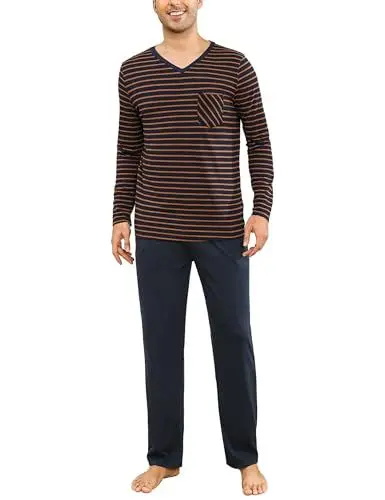 Produktbild: Demegimi Schlafanzüge Herren Lang Baumwolle Pyjama Männer Streifen V-Ausschnitt Lounge Wear Herren Schlafanzug Warm Winter