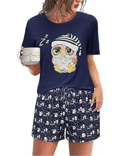Produktbild: Demegimi Schlafanzug Damen Kurz Lustig Sommer Pyjama Kurz Nachtwäsche Set Rundhals mit Cartoon Eulen Design Sleepwear Hausanzug S-2XL