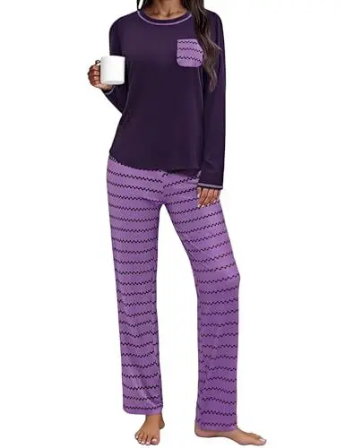 Produktbild: Demegimi Schlafanzug Damen Lang Herzchen Pyjama Baumwolle Rundhals Pyjama Sets Zweiteiliger Langarm Hausanzug