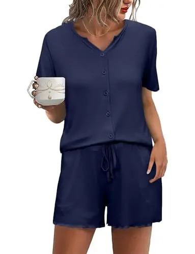 Produktbild: Demegimi Schlafanzug Damen Pyjama Set Kurz Baumwolle Nachtwäsche V-Ausschnitt Zweiteiliger Sleepwear Sommer Kurzarm Pyjama mit Knöpfe S-XXL