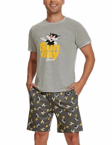 Produktbild: Demegimi Schlafanzug Herren Kurz Lustig Kurzer Pyjama Set Baumwolle Shorty Nachtwäsche mit Katze T-Shirt und Schlafanzughose für Männer