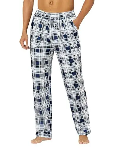 Produktbild: Demegimi Schlafanzughose Herren Lang Baumwolle Karierte Pyjamahose Schlafhose Loungewear Pyjama Hose mit Taschen Freizeithose für Männer