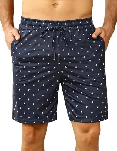 Produktbild: Demegimi Schlafhose Herren Kurze Schlafanzughose Baumwolle Pyjamahose Sommer Schlafshorts Bermuda Shorts mit Allover Segelboot Seeschiff Print