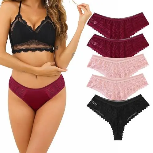 Produktbild: Demegimi Unterhosen Damen Spitze Slip Brazilian Slip Sexy Unterwäsche Frauen Panties Hipster Bikini Shorts Mehrpack 5er Pack