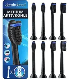 Produktbild: demirdental Aktivkohle Ersatzbürsten passend für Philips Sonicare Ersatzbürsten, Medium Ersatzbürsten für natürliche Reinigung, Schwarz, entspricht HX9058mb, 8er Set