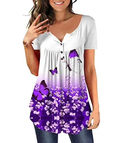 Produktbild: DEMO Tunika Damen Blumen Tops V Ausschnitt Kurzarm Knopfleiste Plissiert Bluse T Shirt Oberteil (Kurz-Lila Schmetterling, XL)