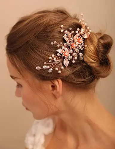 Produktbild: Deniferymakeup Haarspangen-Set, Roségold, Brautschmuck, Strasssteine, Blume, Haarnadeln, für Braut, Frauen, Mädchen