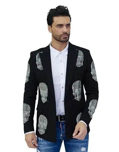 Produktbild: DENIM DISTRIQT Elegantes Herren Strass Totenkopf Sakko im klassischen Design Schwarz 48