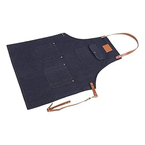 Produktbild: Denim Cobbler Latzschürze für Damen und Herren, Lederriemen, Arbeitskleidung, Koch, Uniform, Lätzchen, blaue Kreuzrückengurte und 3 Taschen, Design für Kochen, Handwerk, Gartenarbeit, Profi-Köch