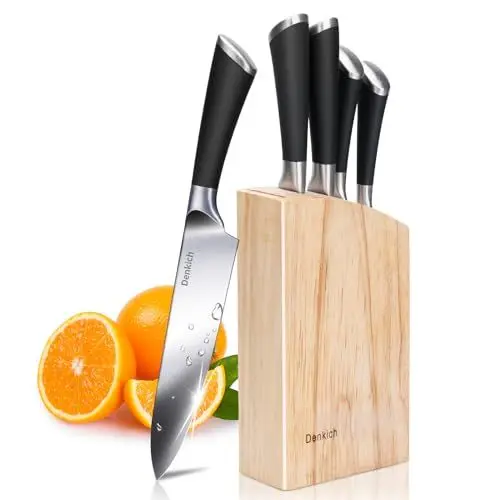 Produktbild: Denkich Messerblock, 6-TLG Küchenmesser Set Scharf, 5 Verschiedene Messerset mit Block, Deutscher Präzisionsklingen aus Rostfreiem Edelstahl, Profi Küchenmesserset für den Heimgebrauch