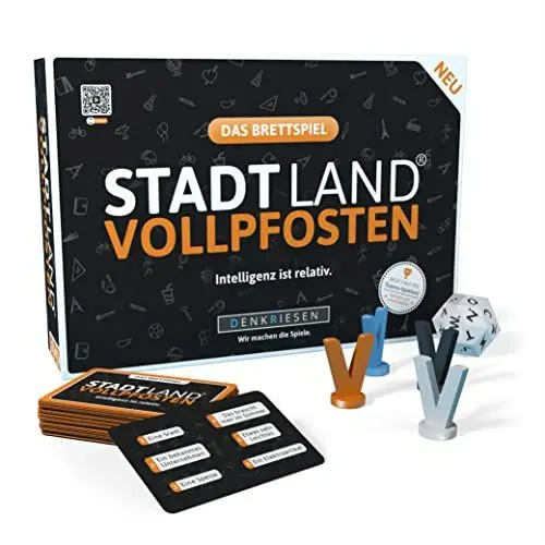 Produktbild: DENKRIESEN - Stadt Land VOLLPFOSTEN® Brettspiel - Intelligenz ist relativ. Das Brettspiel für einen spaßigen und witzigen Spieleabend. Spieldauer von ca. 60 Minuten. Ab 12 Jahren für 4-12 Spieler