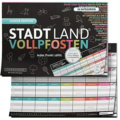Produktbild: DENKRIESEN Stadt Land VOLLPFOSTEN® - Junior Edition | DIN A4 Spielblock | Ab 8 Jahren | Familienspiel | Kindergeburtstag | Kreative Stadt Land Fluss Variante | Spaßige Kategorien für Kinder